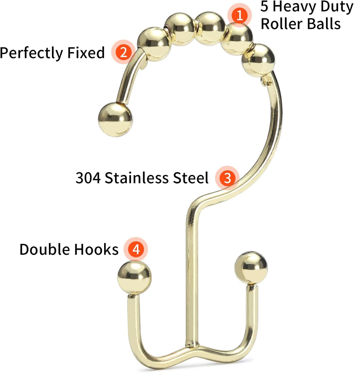Goowin Shower Curtain Hooks Rings, Stainless Steel Gold Shower Curtain Hooks Rust Proof, Free Sliding Double Shower Hooks for Shower Curtains & Liners (Gold)
