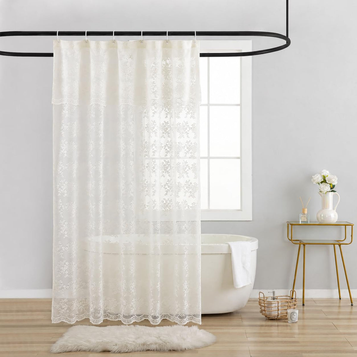 TUDECO Pink Lace Shower Curtain with Attached Valance, 72x72 Inch, 1 Panel