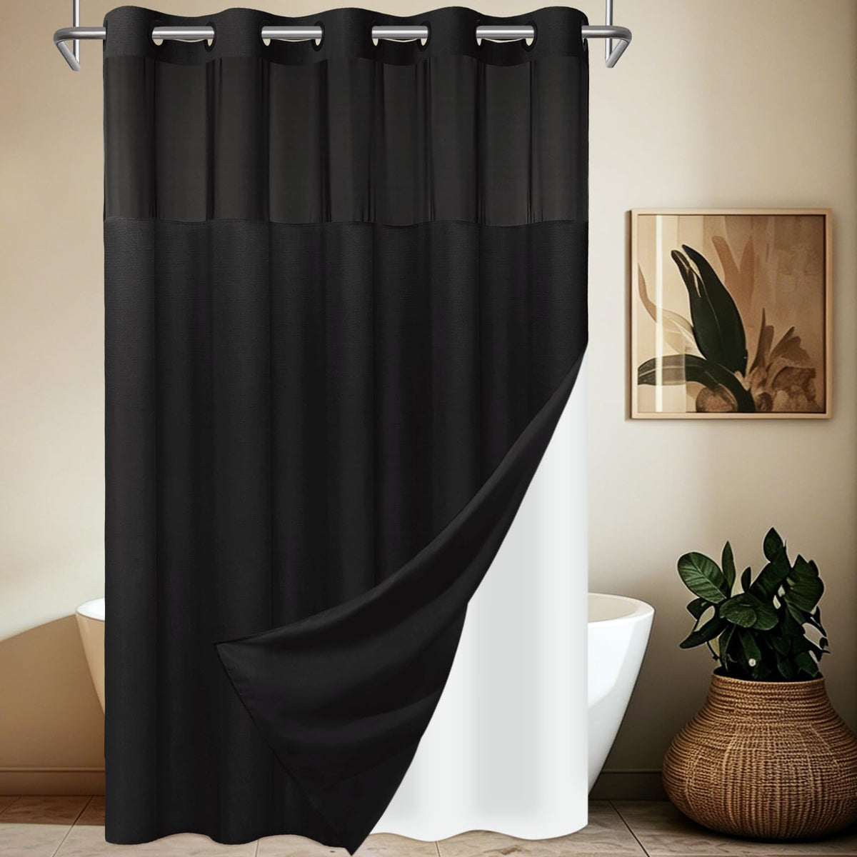 SORTTO Ringless Slub Shower Curtain with Snap in Liner, 71x74, Black