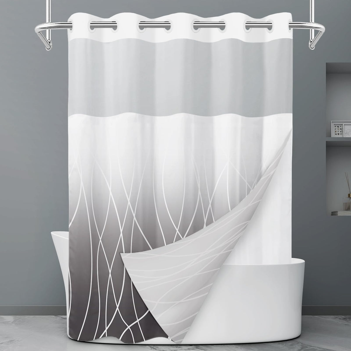 LXBNI Ringless Shower Curtain with Snap-in Liner, Gray White, 71 x 74 Inch
