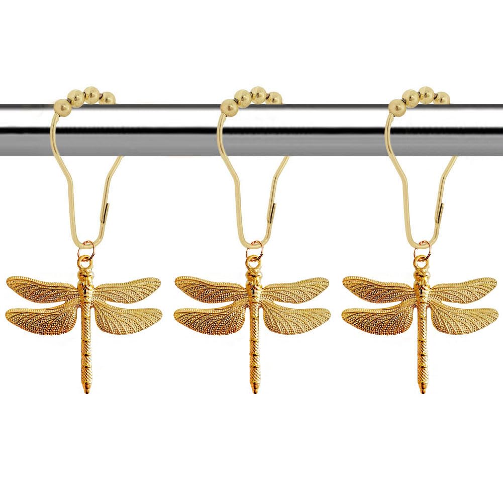 Dragonfly Shower Curtain Hooks Rings Set of 12, Rust Proof Stainless Steel Shower Hook Hangers for Natural Forest Garden Flowers Insect Theme Bathroom Decor (Antique Silver)