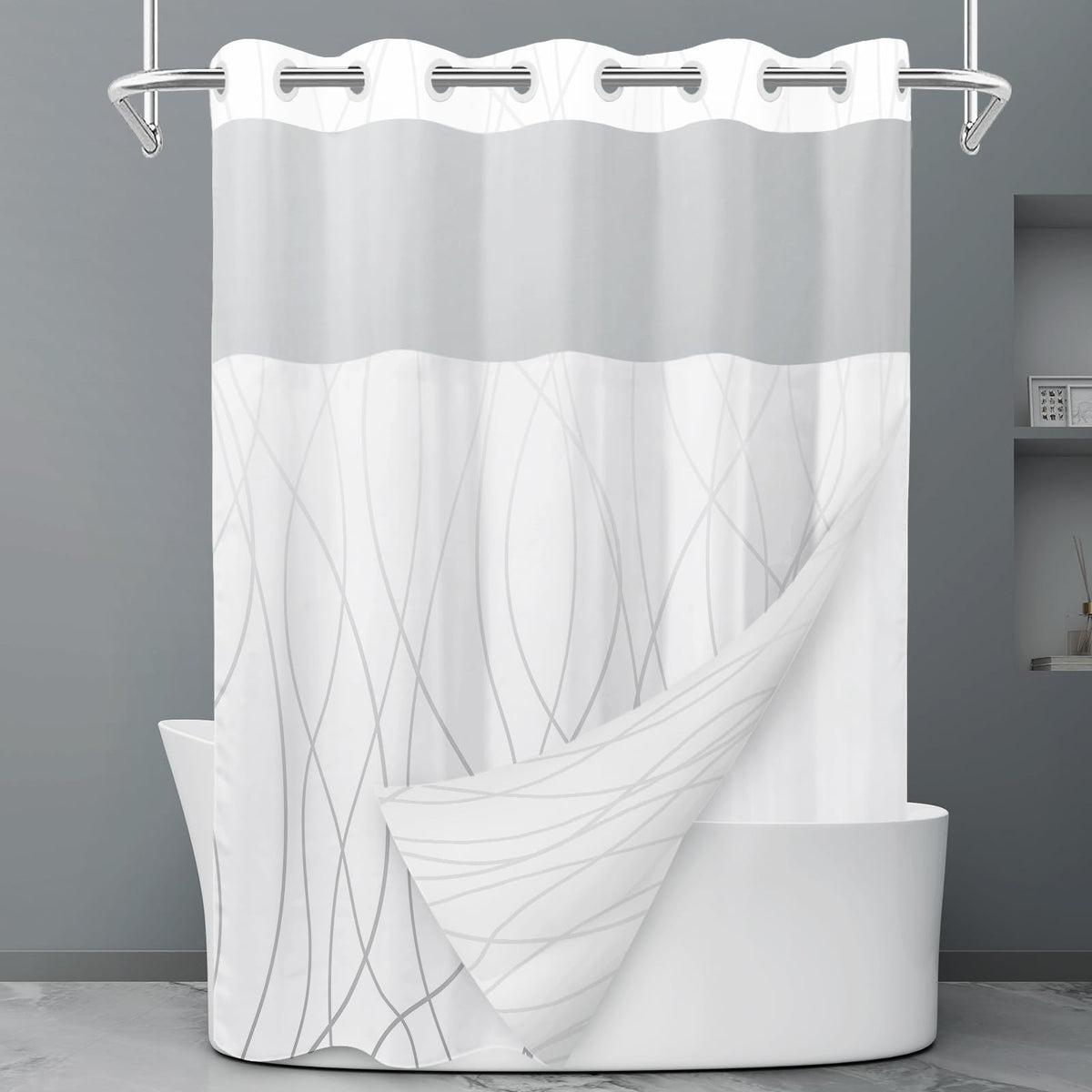 LXBNI Ringless Shower Curtain with Snap-in Liner, Gray White, 71 x 74 Inch