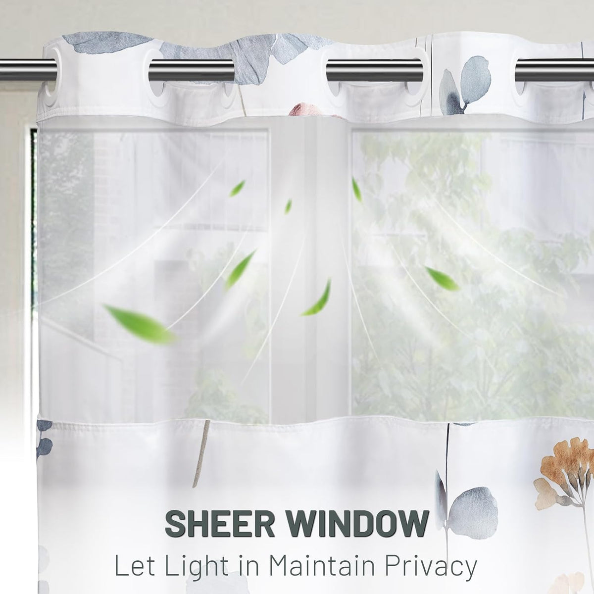 WITHLOC Hook Free Floral Shower Curtain with Liner, Blue Beige, 71x74