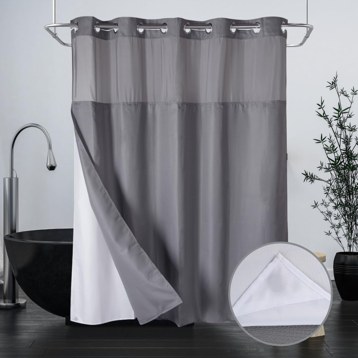 71“W x74”H Heavy Fabric Hook Free Shower Curtain with Polyester Magnet Snap-in Liner–Top See Through with Mesh Window Light Beige