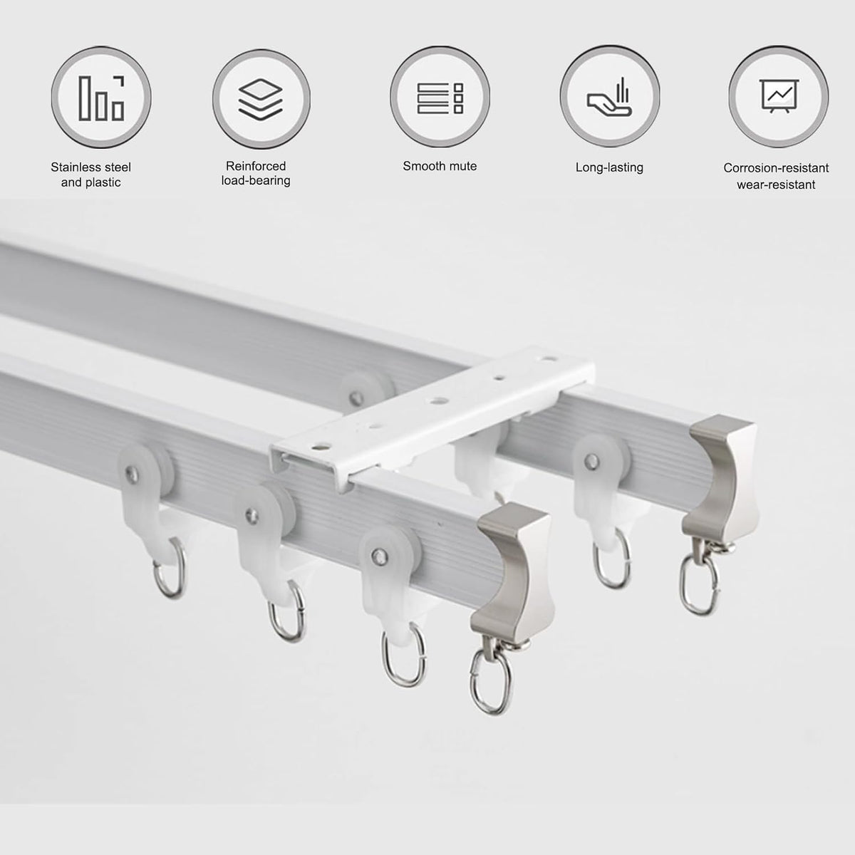 Heran Ceiling Curtain Track Hooks and Rollers Set, 60 Pieces Stainless Steel S-Type Hooks with Plastic Track Rollers for Smooth Curtain Movement