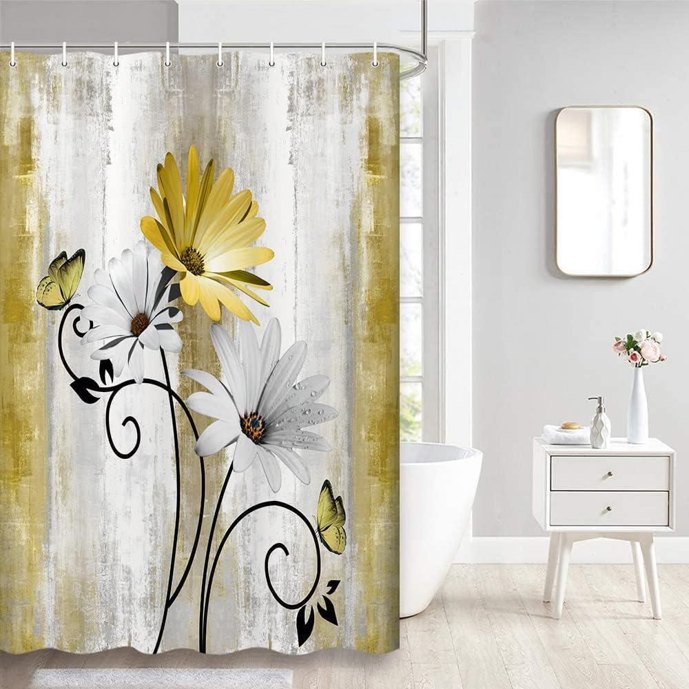 Rustic Farmhouse Shower Curtain, Farm Tan Cream Daisy Floral Flowers and Butterfly on Country Wooden Shower Curtains for Bathroom, Beige Brown Home Decor with 12PCS Hooks, 70X70IN