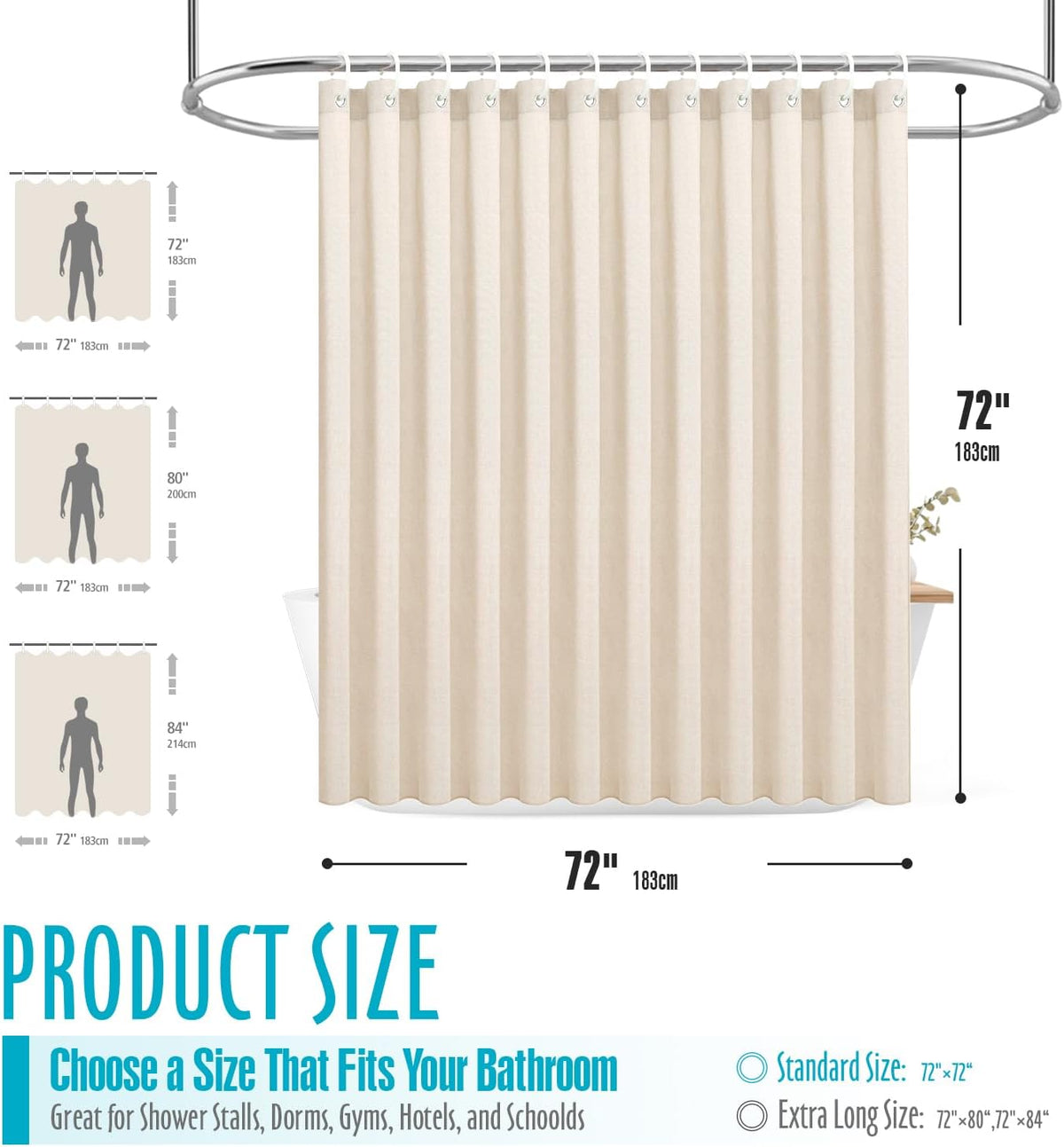 Ga-Geetopia Linen Textured Shower Curtain Set with Hooks, Boho Farmhouse Bath Shower Curtains for Beige Bathroom Neutral Cloth, Hotel Luxury, Weighted Hem, 72W x 72L, Cream