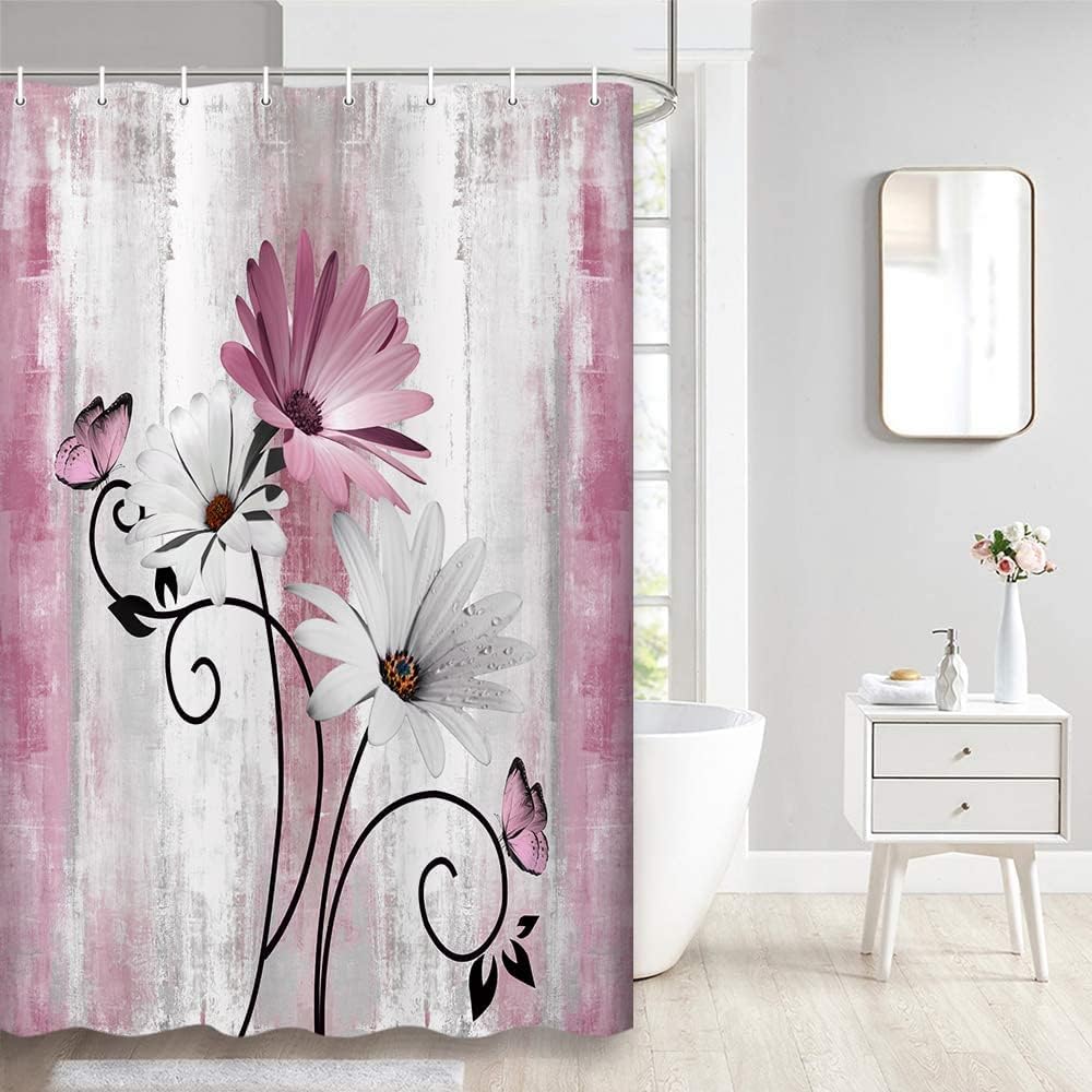 Rustic Farmhouse Shower Curtain, Farm Tan Cream Daisy Floral Flowers and Butterfly on Country Wooden Shower Curtains for Bathroom, Beige Brown Home Decor with 12PCS Hooks, 70X70IN
