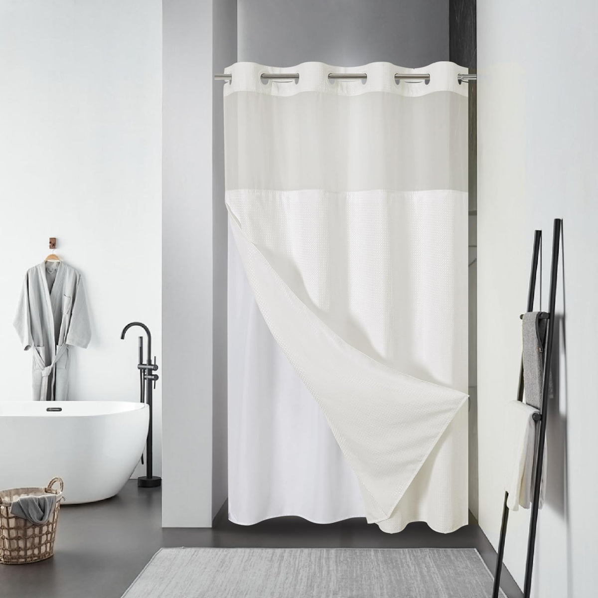 eachope No Hook Waffle Shower Curtain with Snap-in Liner, 71x74 Inch, Grey