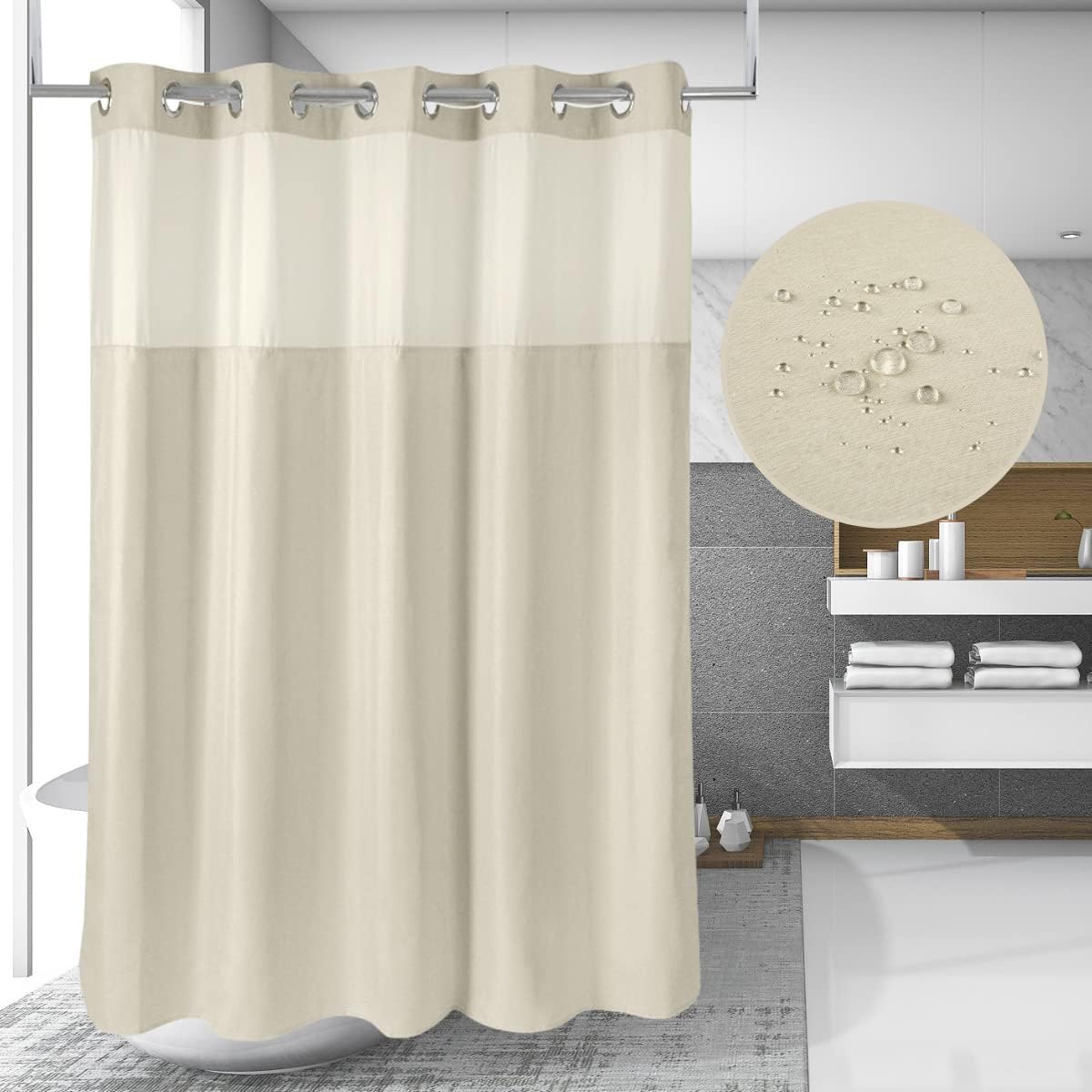 71“W x74”H Heavy Fabric Hook Free Shower Curtain with Polyester Magnet Snap-in Liner–Top See Through with Mesh Window Light Beige