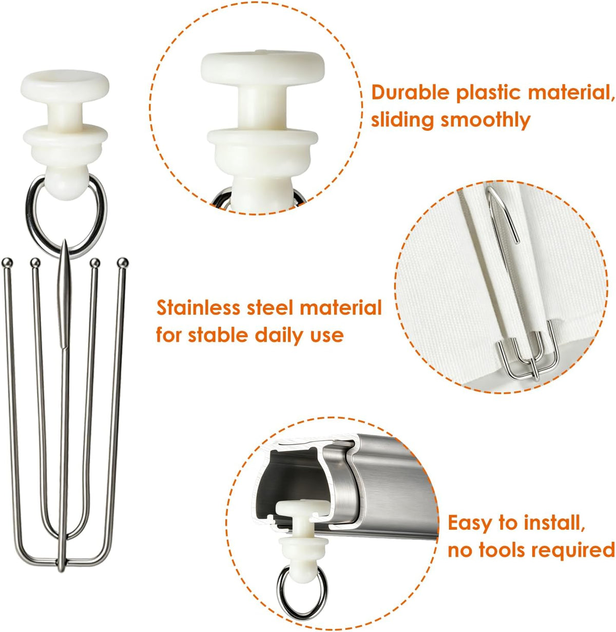 Diteje Curtain Glider Hook Set,50 Pack Rollers+50 Pack 4 Prongs Pinch Hooks