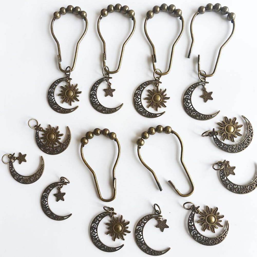 Decorative Sun Moon Celestial Shower Curtain Hooks Rings Set of 12, Bronze