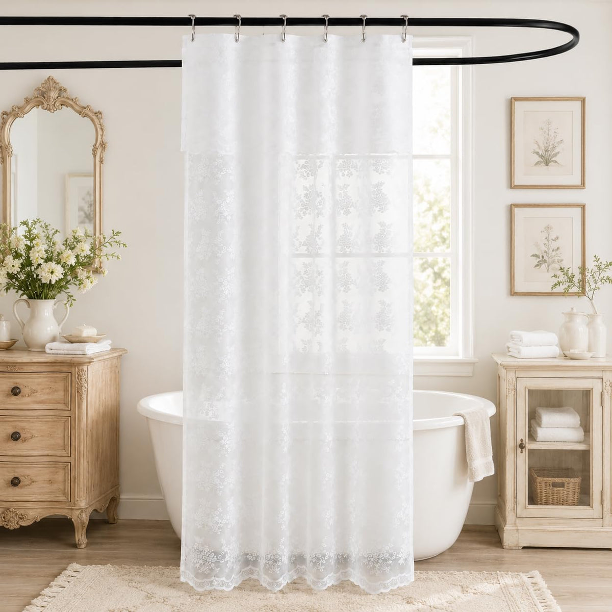 TUDECO Pink Lace Shower Curtain with Attached Valance, 72x72 Inch, 1 Panel