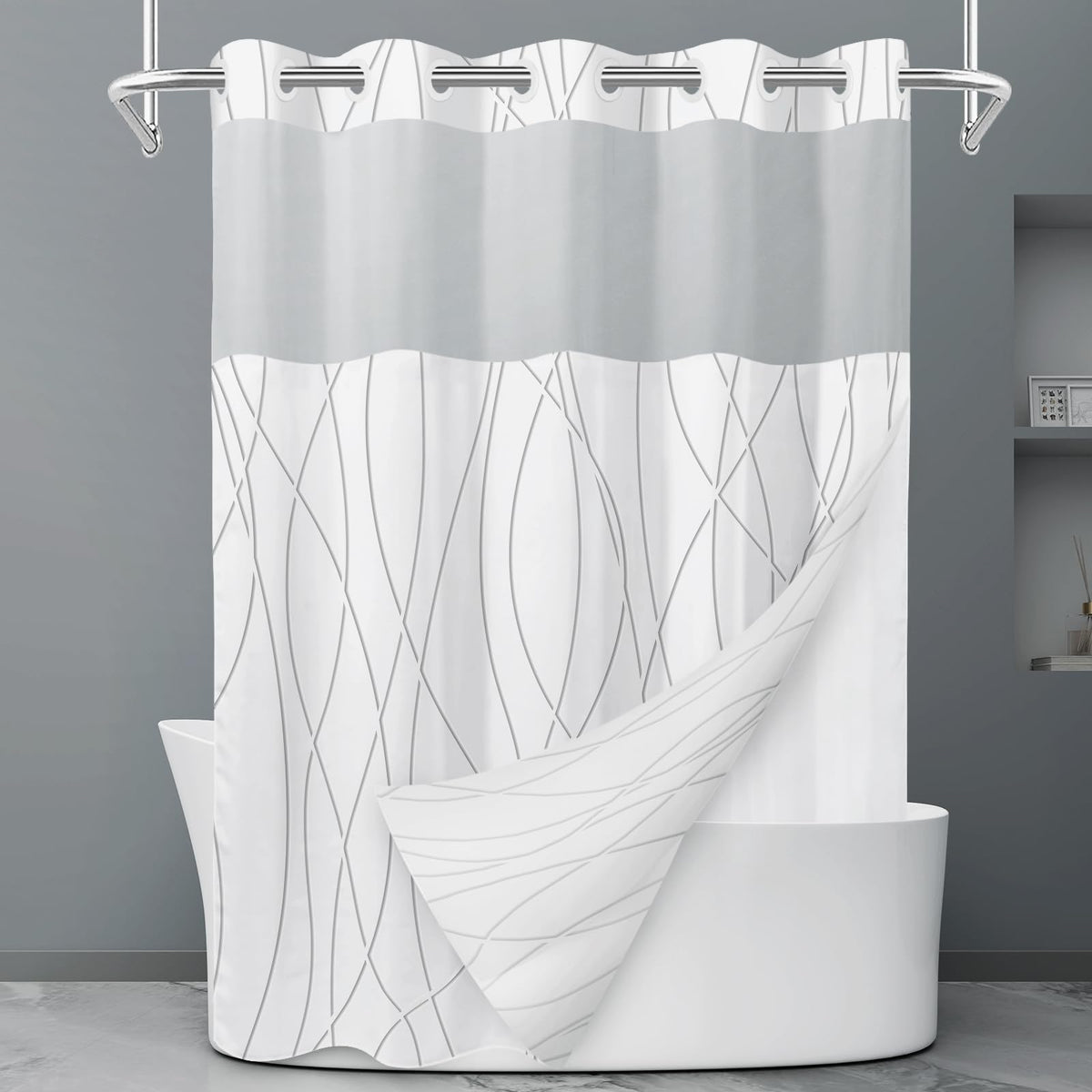 LXBNI Ringless Shower Curtain with Snap-in Liner, Gray White, 71 x 74 Inch