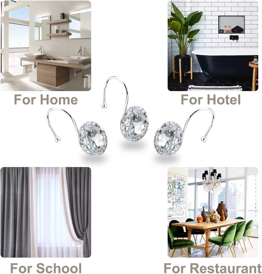 12PCS Shower Curtain Hooks Rings for Bathroom, Stainless Steel Metal Crystal Rhinestones Bling Rust Proof Shower Curtain Rings Hangers for Shower Curtain Decorative, Round Heavy Duty Hooks (Clear)