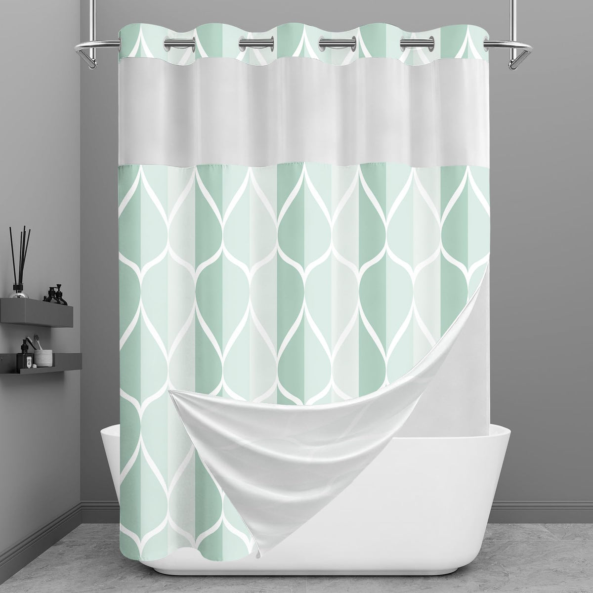 Yiatn Gray Ringless Shower Curtain with Snap-in Liner, 71 x 74 Inch