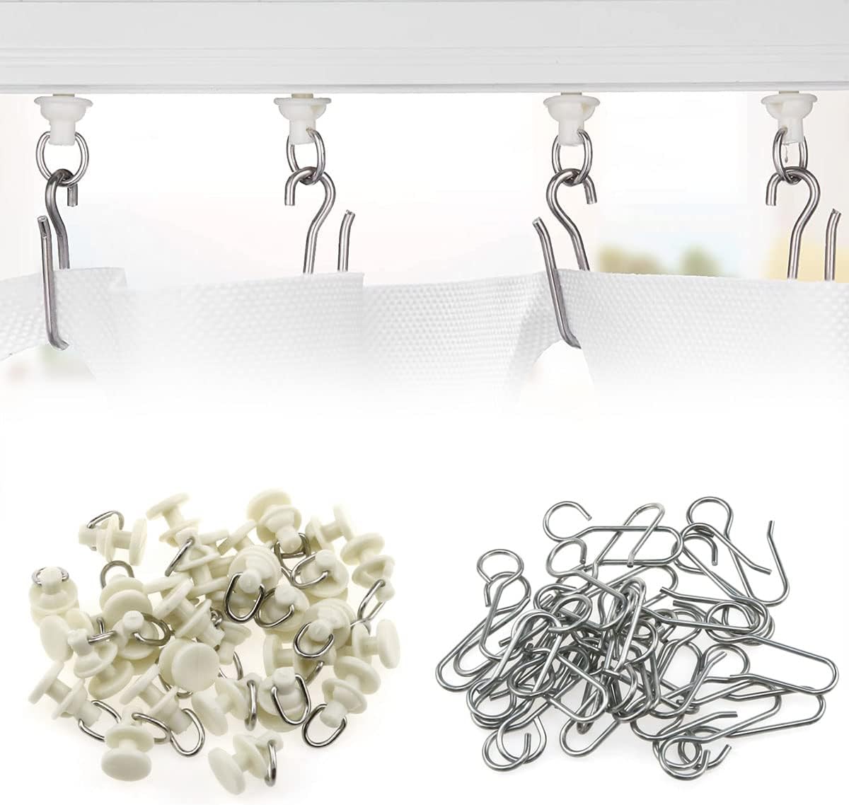AYLIFU-30pcs Stainless Steel Curtain Track Hook and 30pcs Curtain Track Glider Rail Hook Roller Used for Most Types of Curtains