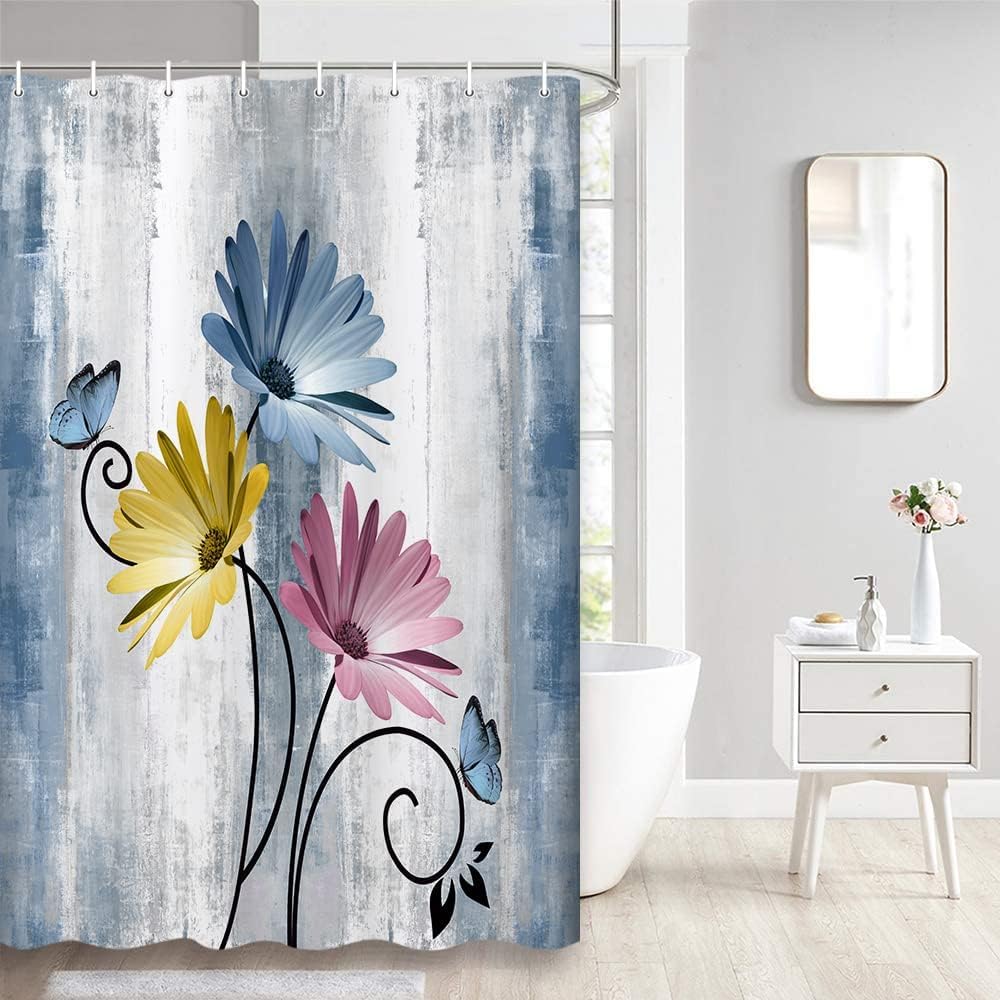 Rustic Farmhouse Shower Curtain, Farm Tan Cream Daisy Floral Flowers and Butterfly on Country Wooden Shower Curtains for Bathroom, Beige Brown Home Decor with 12PCS Hooks, 70X70IN