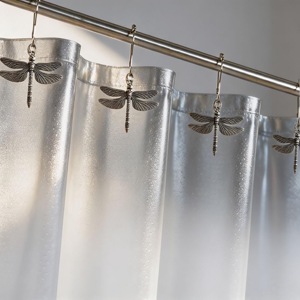 Dragonfly Shower Curtain Hooks Rings Set of 12, Rust Proof Stainless Steel Shower Hook Hangers for Natural Forest Garden Flowers Insect Theme Bathroom Decor (Antique Silver)