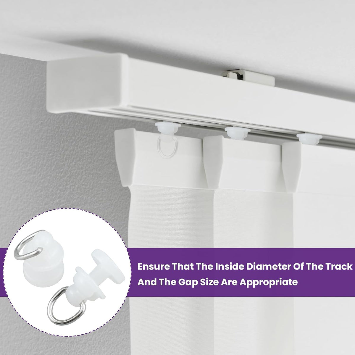 100Pcs Plastic Curtain Track Glider, Ceiling Sliding Curtain Track Hooks, Shower Curtain Pulley for Window Shower Curtain Tracks（White）