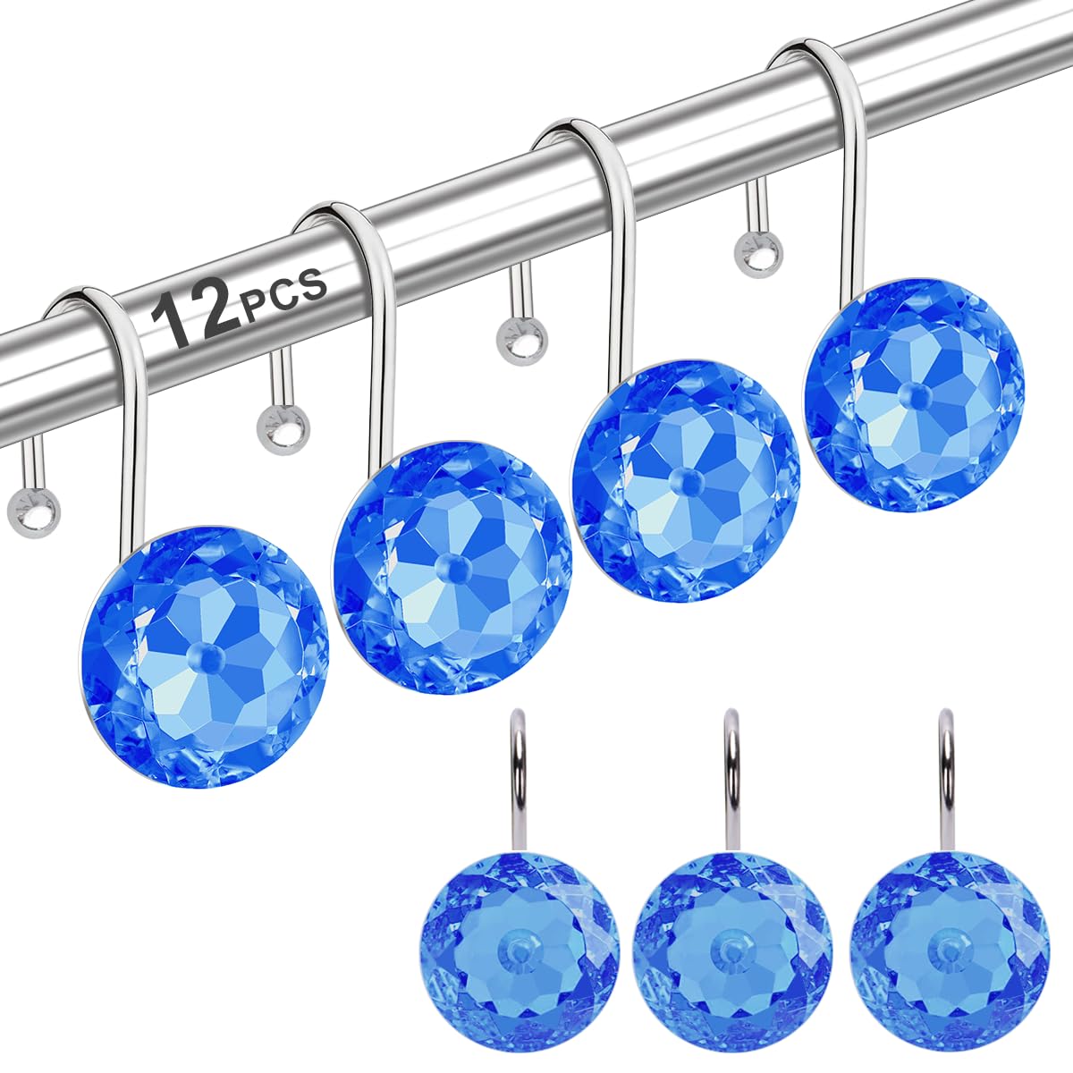 12PCS Shower Curtain Hooks Rings for Bathroom, Stainless Steel Metal Crystal Rhinestones Bling Rust Proof Shower Curtain Rings Hangers for Shower Curtain Decorative, Round Heavy Duty Hooks (Clear)