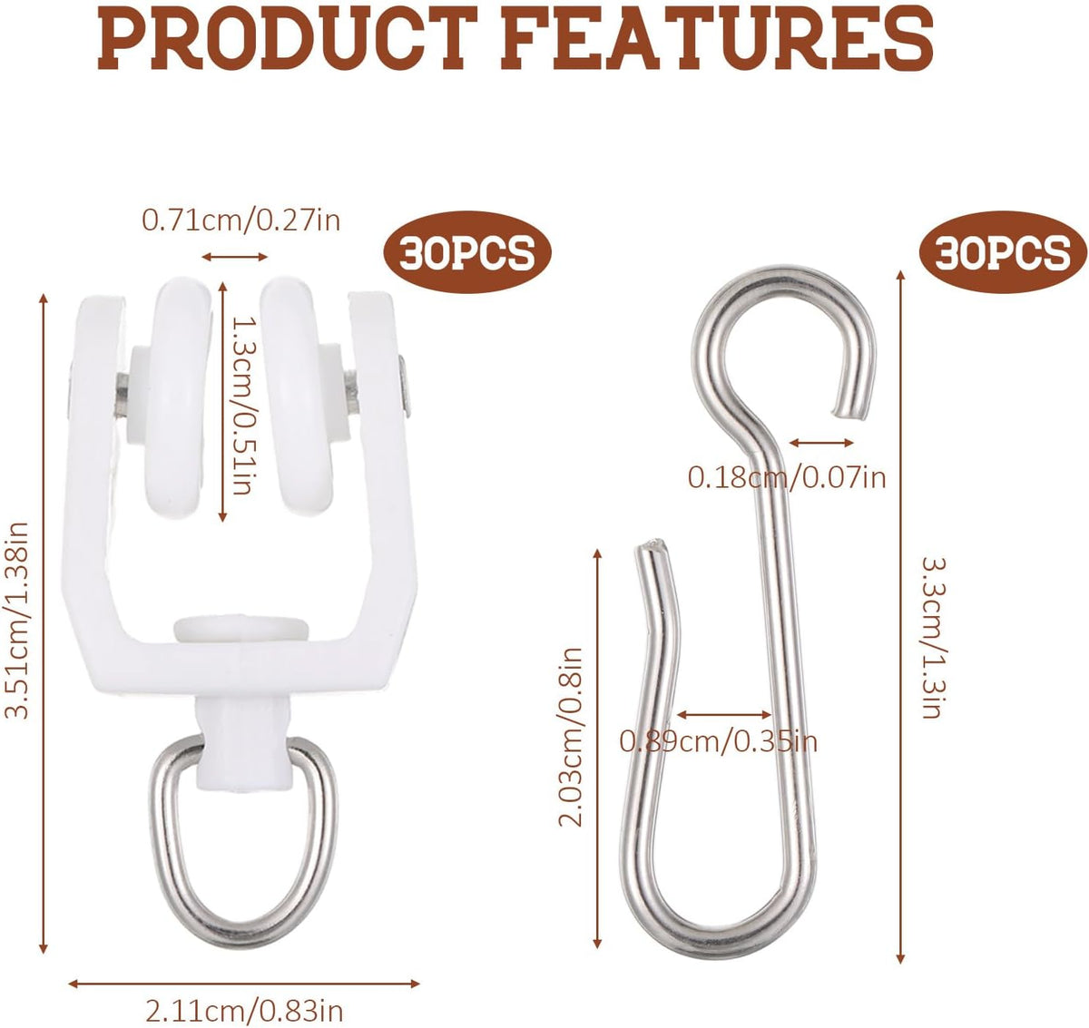 30 PCS Curtain Track Rollers with 30 PCS Hooks Flexible Bendable White