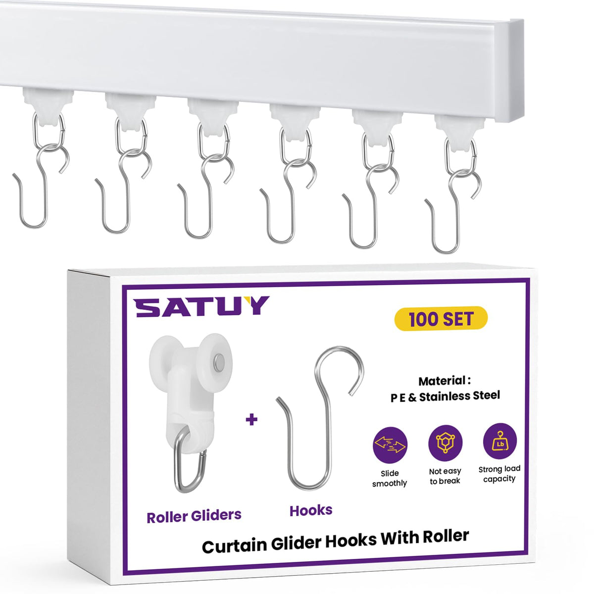 100Pcs Plastic Curtain Track Glider, Ceiling Sliding Curtain Track Hooks, Shower Curtain Pulley for Window Shower Curtain Tracks（White）