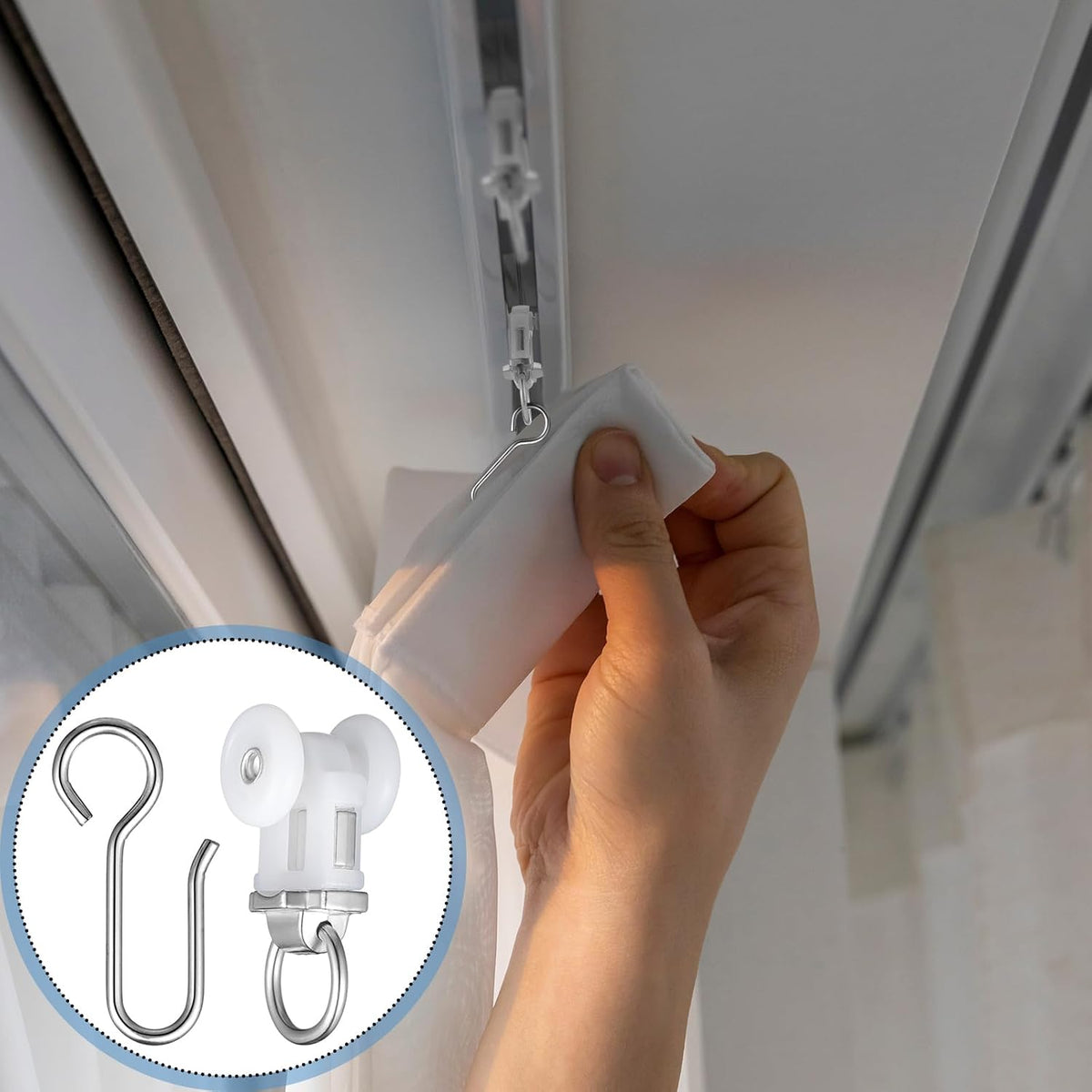 Zonon 100 Pcs Curtain Track Roller and Hooks Kit Dual Wheel Roller Carrier Ceiling Mount Gliders Stainless Steel Hooks for Ceiling Mounted Shower Curtains, Drapes, and Room Dividers