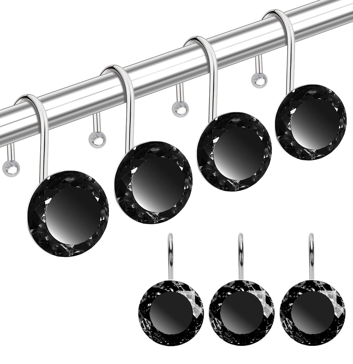 12PCS Shower Curtain Hooks Rings for Bathroom, Stainless Steel Metal Crystal Rhinestones Bling Rust Proof Shower Curtain Rings Hangers for Shower Curtain Decorative, Round Heavy Duty Hooks (Clear)