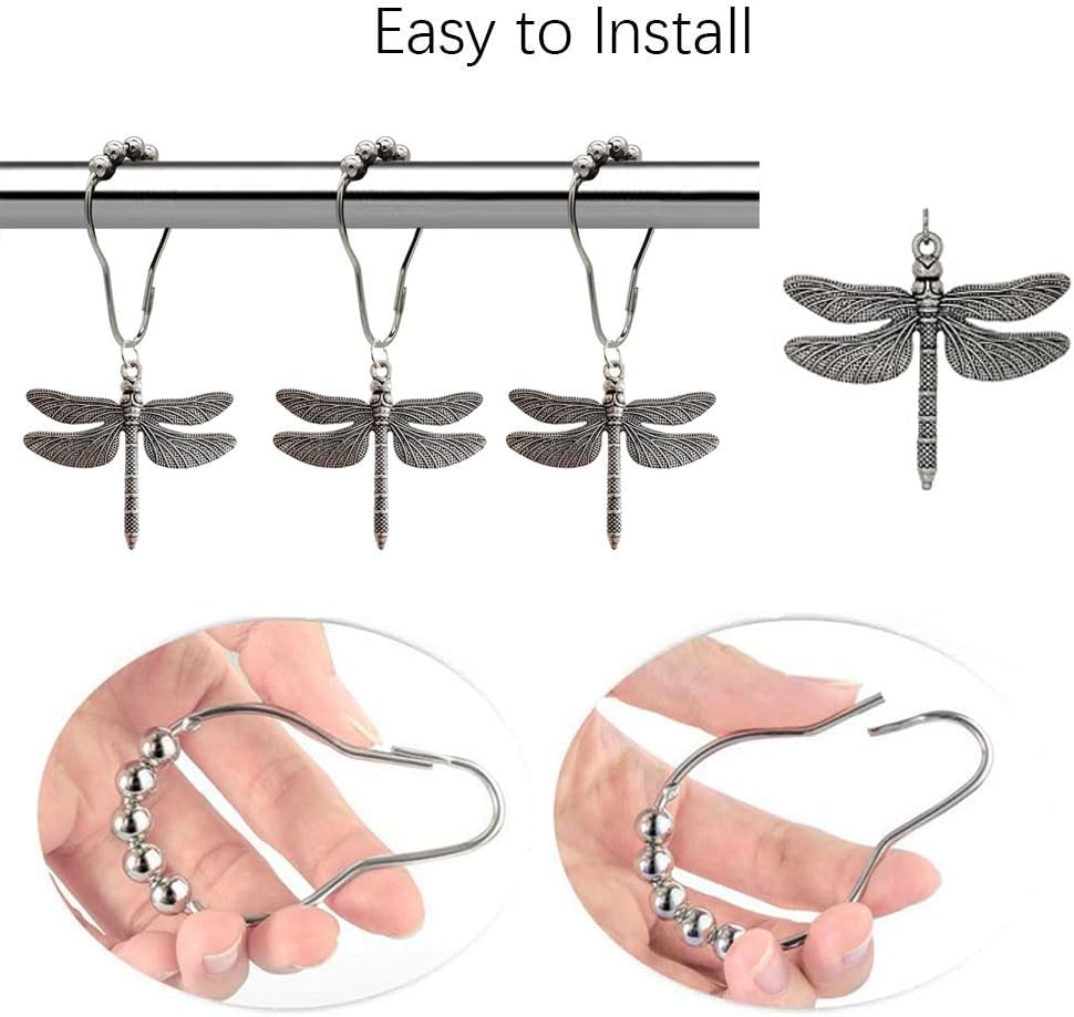 Dragonfly Shower Curtain Hooks Rings Set of 12, Rust Proof Stainless Steel Shower Hook Hangers for Natural Forest Garden Flowers Insect Theme Bathroom Decor (Antique Silver)
