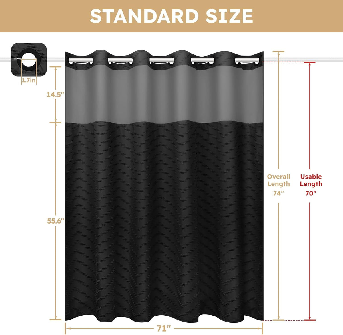 FADOTY Black No Hook Shower Curtain Set with Snap in Liner, 71'' x 74''