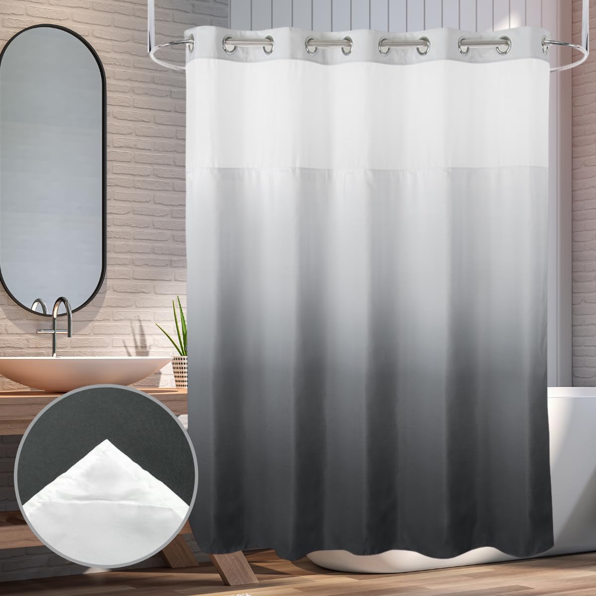 71“W x74”H Heavy Fabric Hook Free Shower Curtain with Polyester Magnet Snap-in Liner–Top See Through with Mesh Window Light Beige