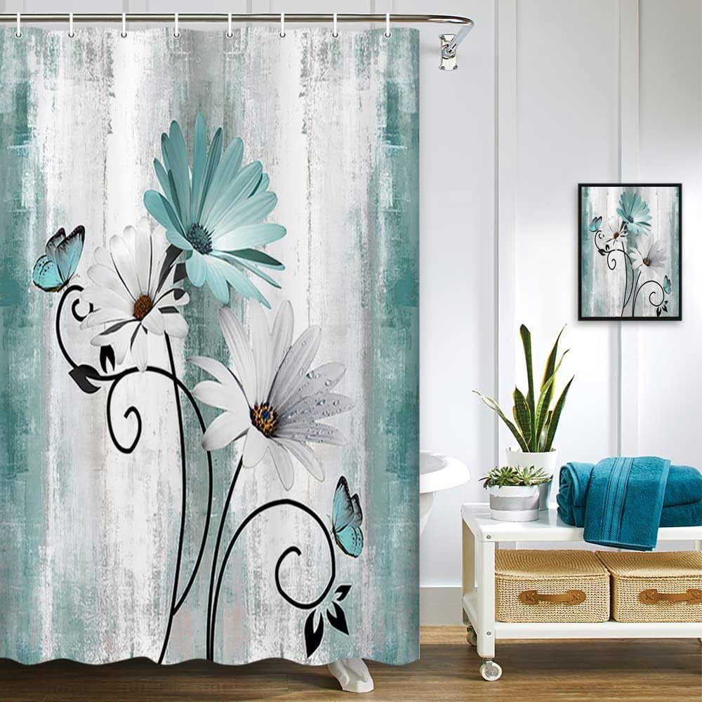 Rustic Farmhouse Shower Curtain, Farm Tan Cream Daisy Floral Flowers and Butterfly on Country Wooden Shower Curtains for Bathroom, Beige Brown Home Decor with 12PCS Hooks, 70X70IN