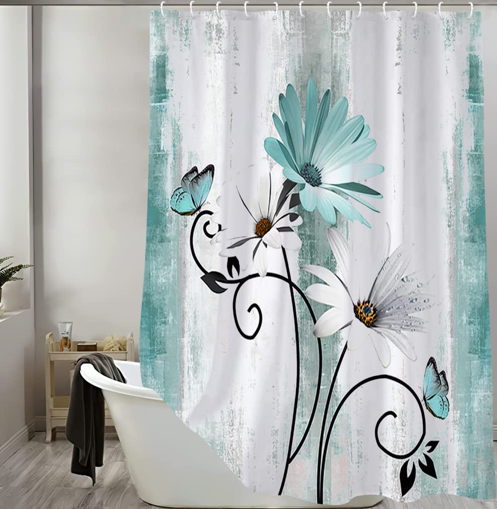 Rustic Farmhouse Shower Curtain, Farm Tan Cream Daisy Floral Flowers and Butterfly on Country Wooden Shower Curtains for Bathroom, Beige Brown Home Decor with 12PCS Hooks, 70X70IN