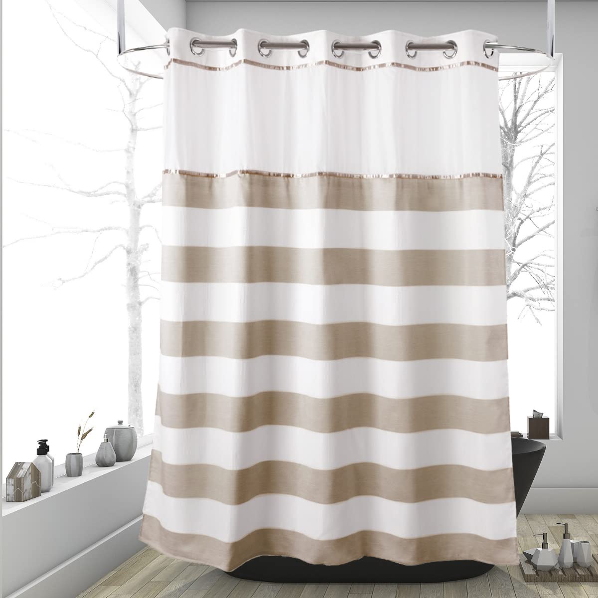 71“W x74”H Heavy Fabric Hook Free Shower Curtain with Polyester Magnet Snap-in Liner–Top See Through with Mesh Window Light Beige