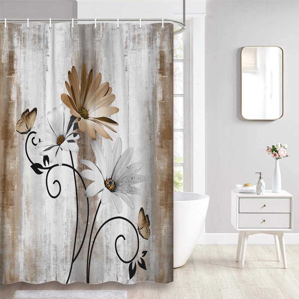 Rustic Farmhouse Shower Curtain, Farm Tan Cream Daisy Floral Flowers and Butterfly on Country Wooden Shower Curtains for Bathroom, Beige Brown Home Decor with 12PCS Hooks, 70X70IN
