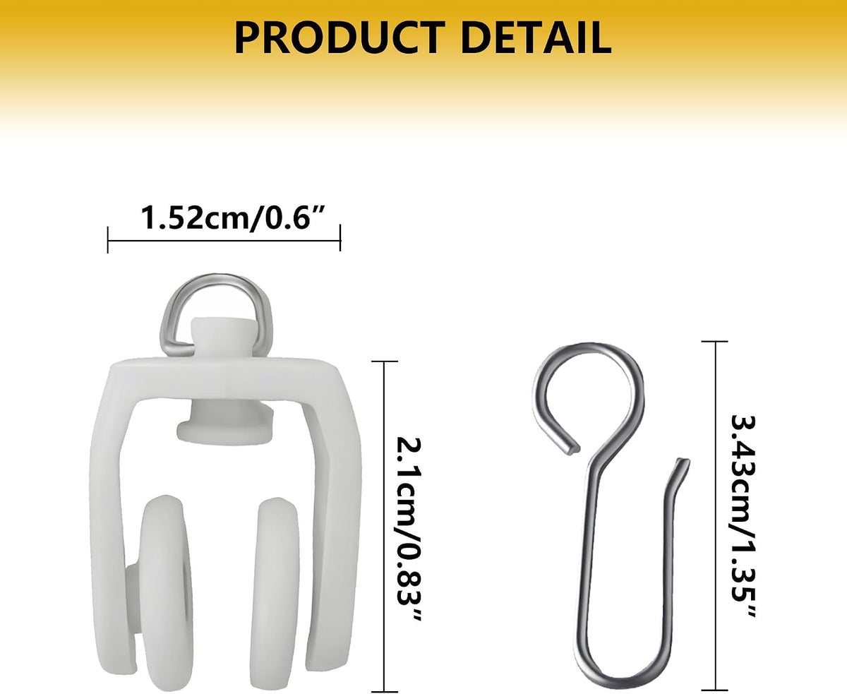 25 Pcs Curtain Track Rollers Heavy Duty Ceiling Mount Curtain Track Gliders Silent Sliding Rail Runner Hooks Stainless Steel Wheels for Room Divider Shower Drapery System (White)