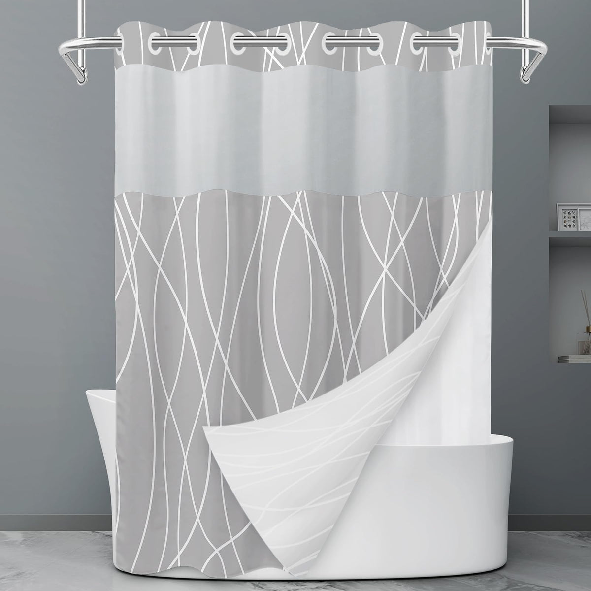 LXBNI Ringless Shower Curtain with Snap-in Liner, Gray White, 71 x 74 Inch