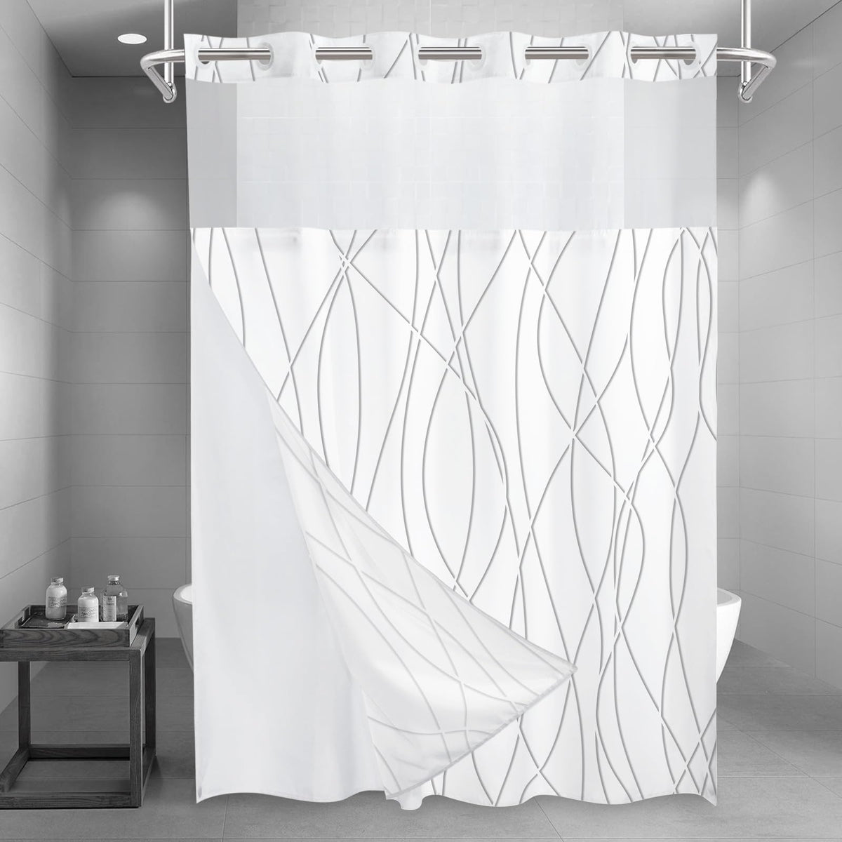 LXBNI Ringless Shower Curtain with Snap-in Liner, Gray White, 71 x 74 Inch