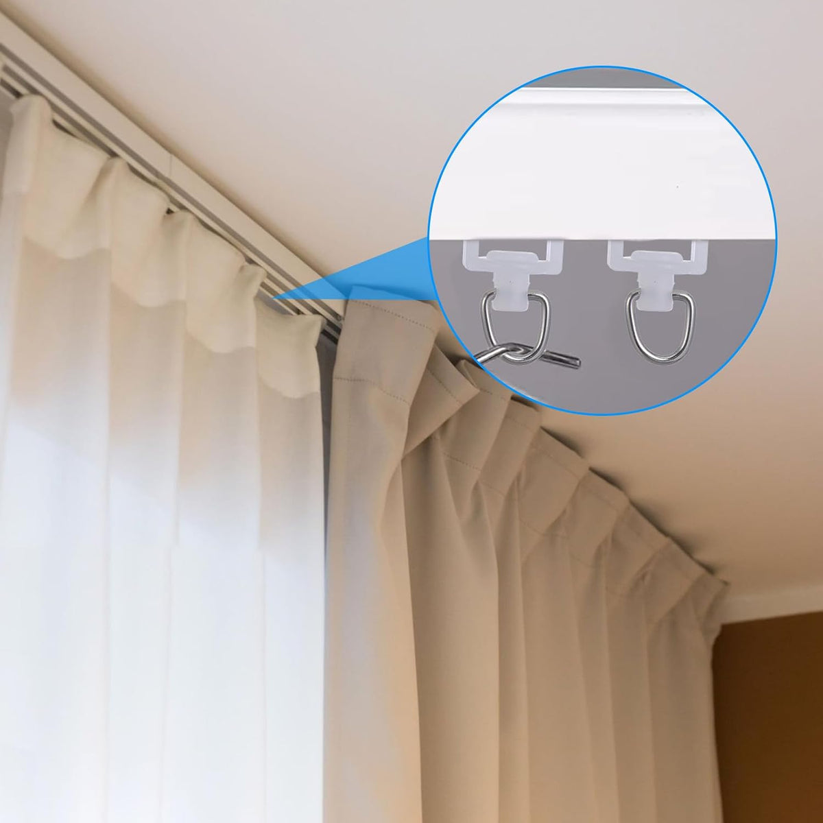 Nogeqi 100PCS Curtain Track Gliders, Dual Wheel Curtain Track Hooks with Stainless Steel Hook, Mute Plastic Roller Hooks for Ceiling Drapes Sliding Glider Compatible with Most Tracks, Easy Install