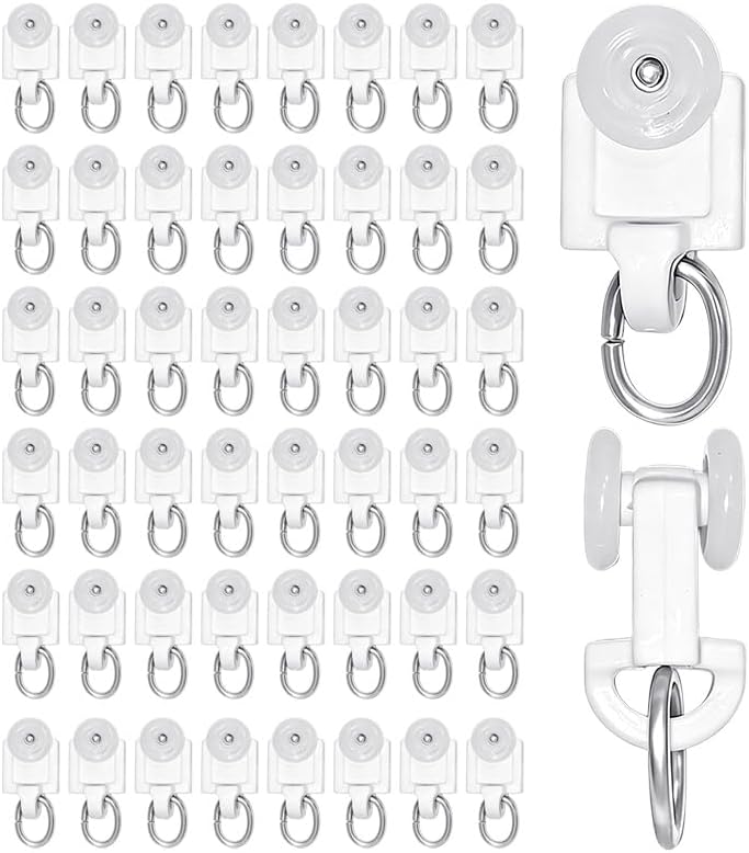 50 Pcs Curtain Track Rollers, Plastic Mute Curtain Track Gliders with Hooks for Ceiling Rails, Smooth Dual-Wheel Pulley System, Fits Most Standard Curtain Track Hooks