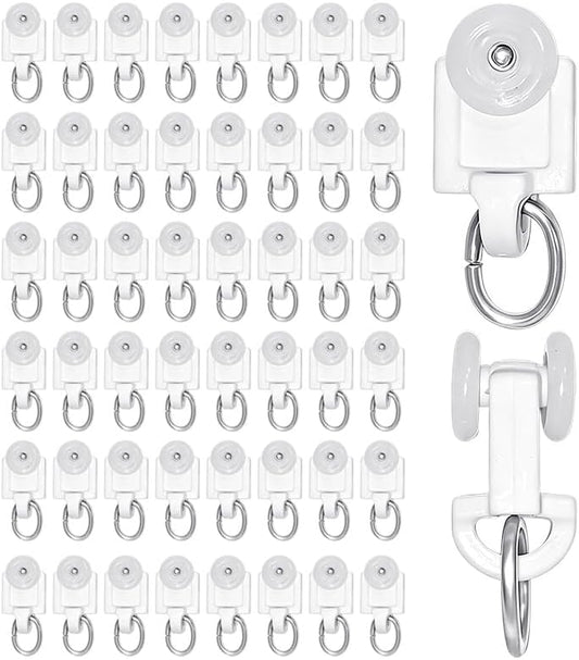 50 Pcs Curtain Track Rollers, Plastic Mute Curtain Track Gliders with Hooks for Ceiling Rails, Smooth Dual-Wheel Pulley System, Fits Most Standard Curtain Track Hooks
