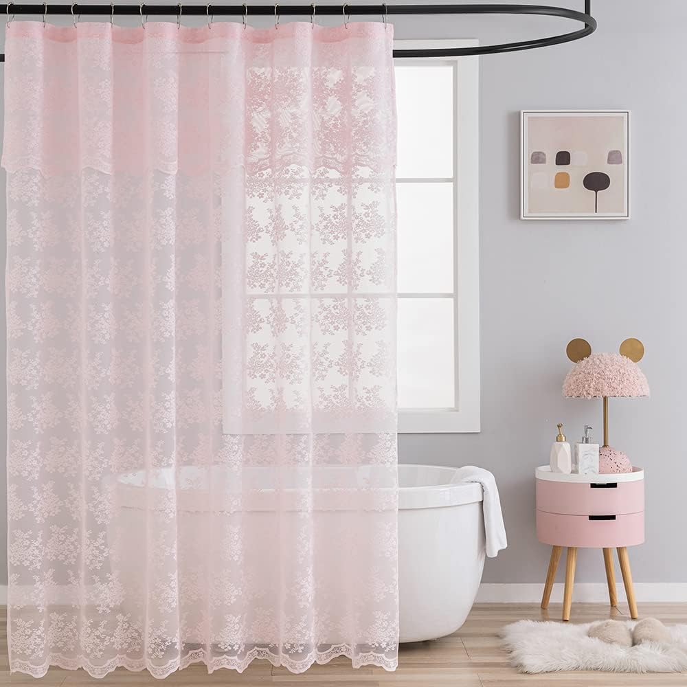 TUDECO Pink Lace Shower Curtain with Attached Valance, 72x72 Inch, 1 Panel