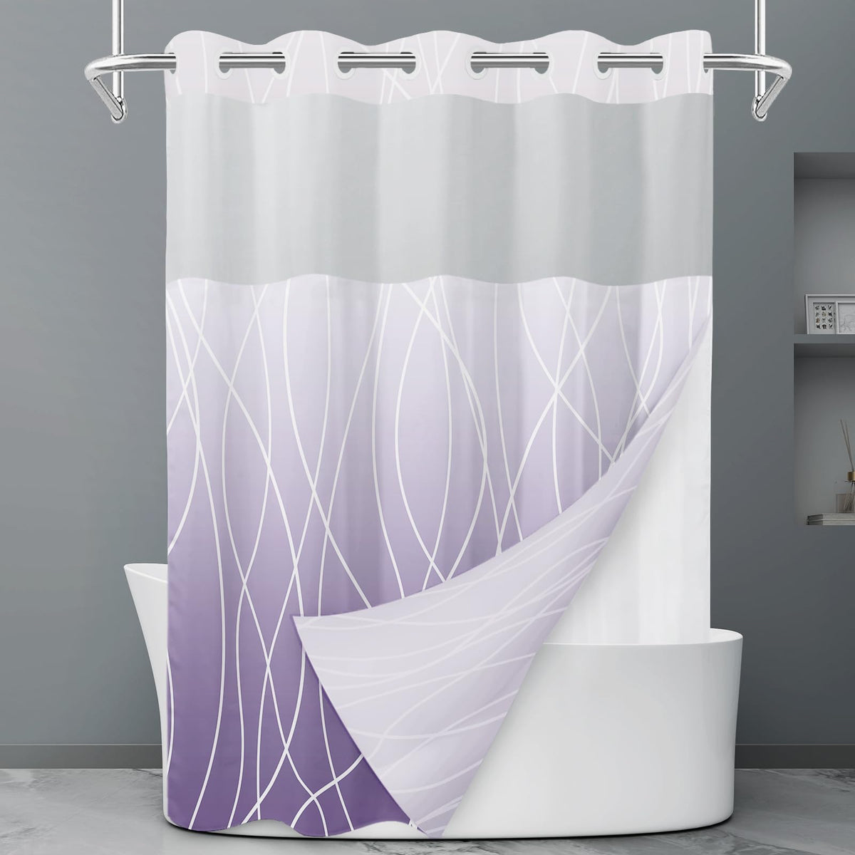 LXBNI Ringless Shower Curtain with Snap-in Liner, Gray White, 71 x 74 Inch