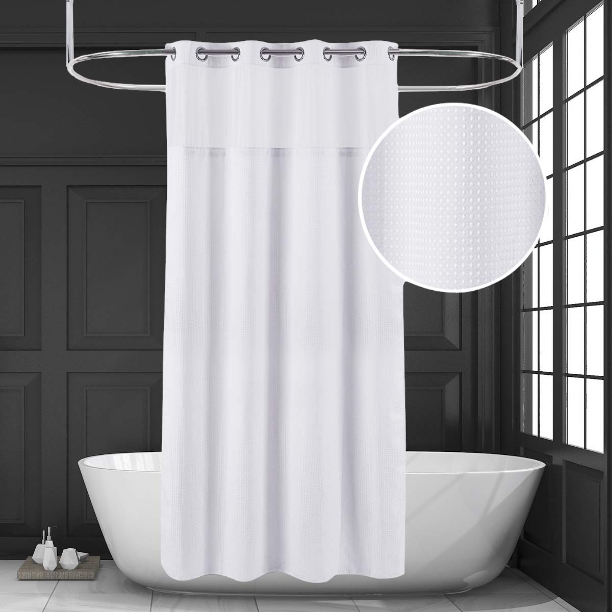 71“W x74”H Heavy Fabric Hook Free Shower Curtain with Polyester Magnet Snap-in Liner–Top See Through with Mesh Window Light Beige