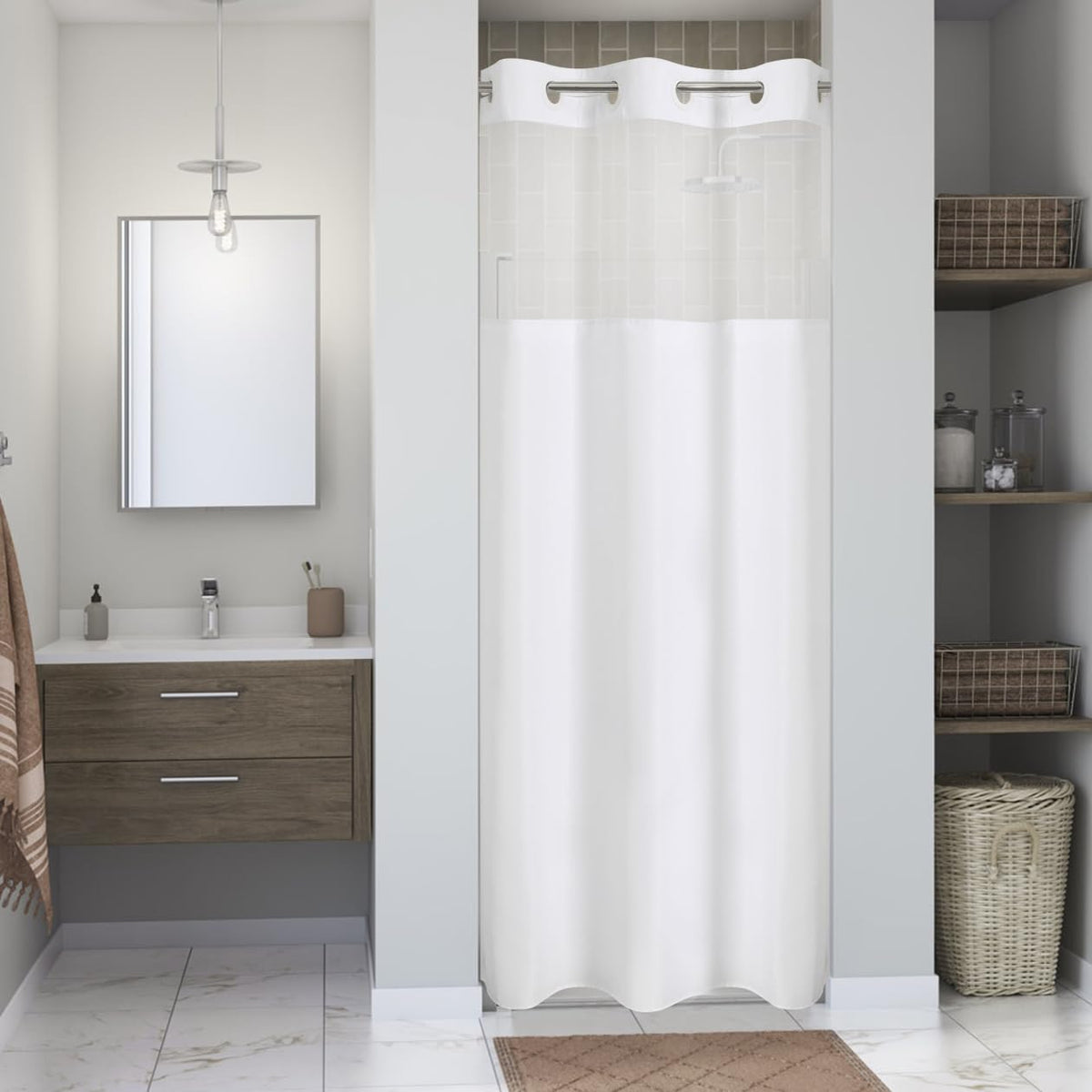 Eachope No Hooks Polyester Textured Shower Curtain with Snap-in Fabric Liner Set, Hotel Luxury Decor Shower Curtains for Bathroom with See Through Top Window, Waterproof & Washable, 71Wx74H, Cream