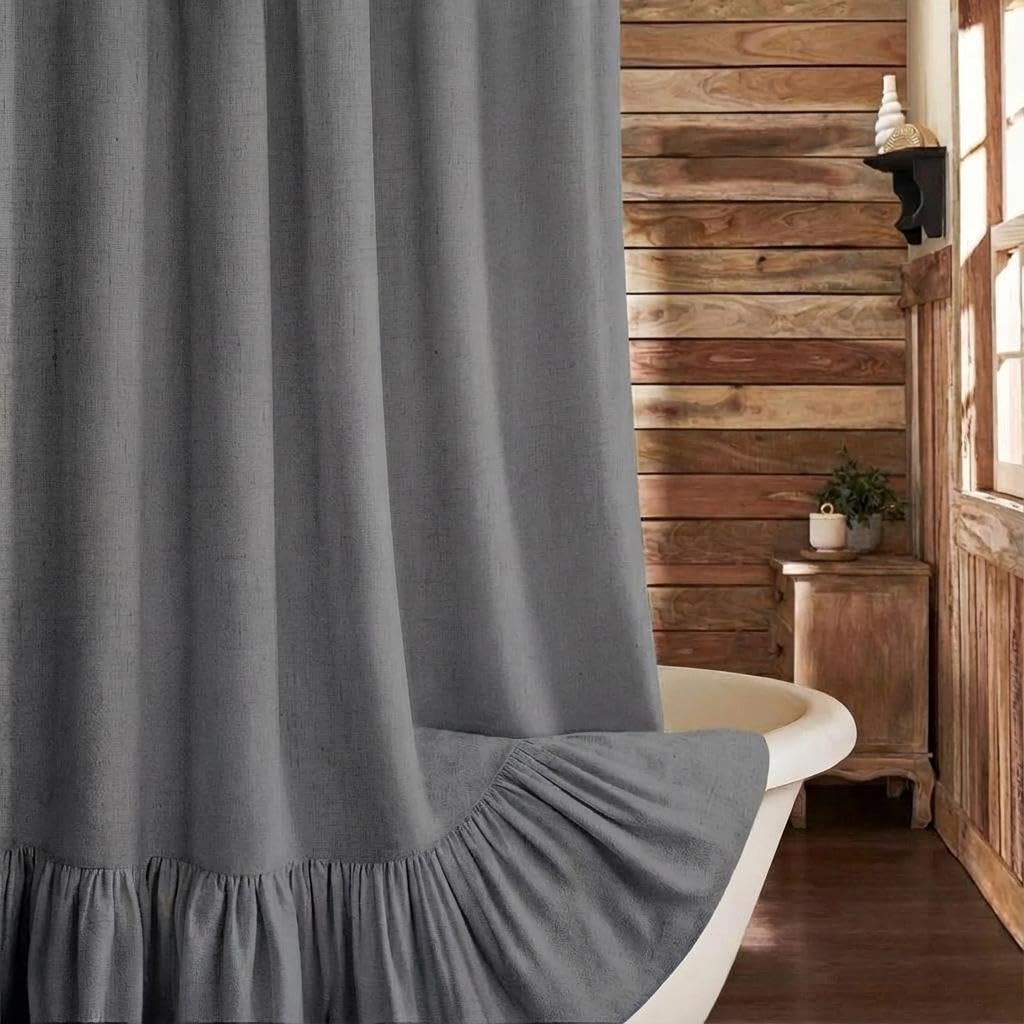 Farmhouse Shower Curtain Ruffle Linen Cream-Green Stripe 72"W x 72"L