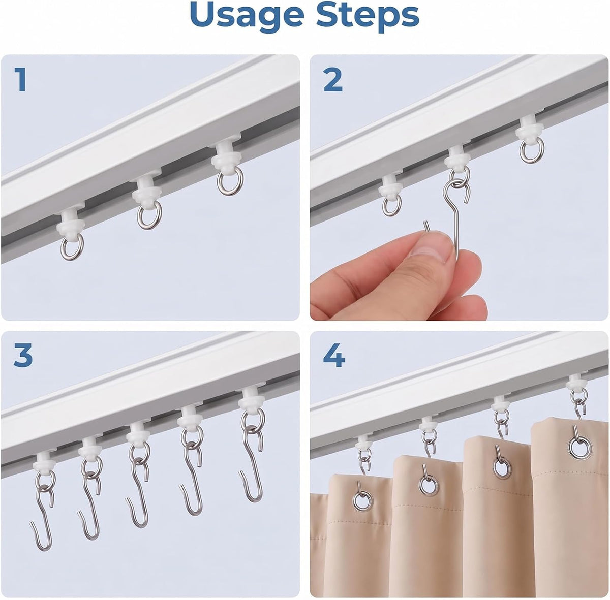 50Pack Curtain Track Rollers Gliders Hooks for Shower Curtain Straight Curved