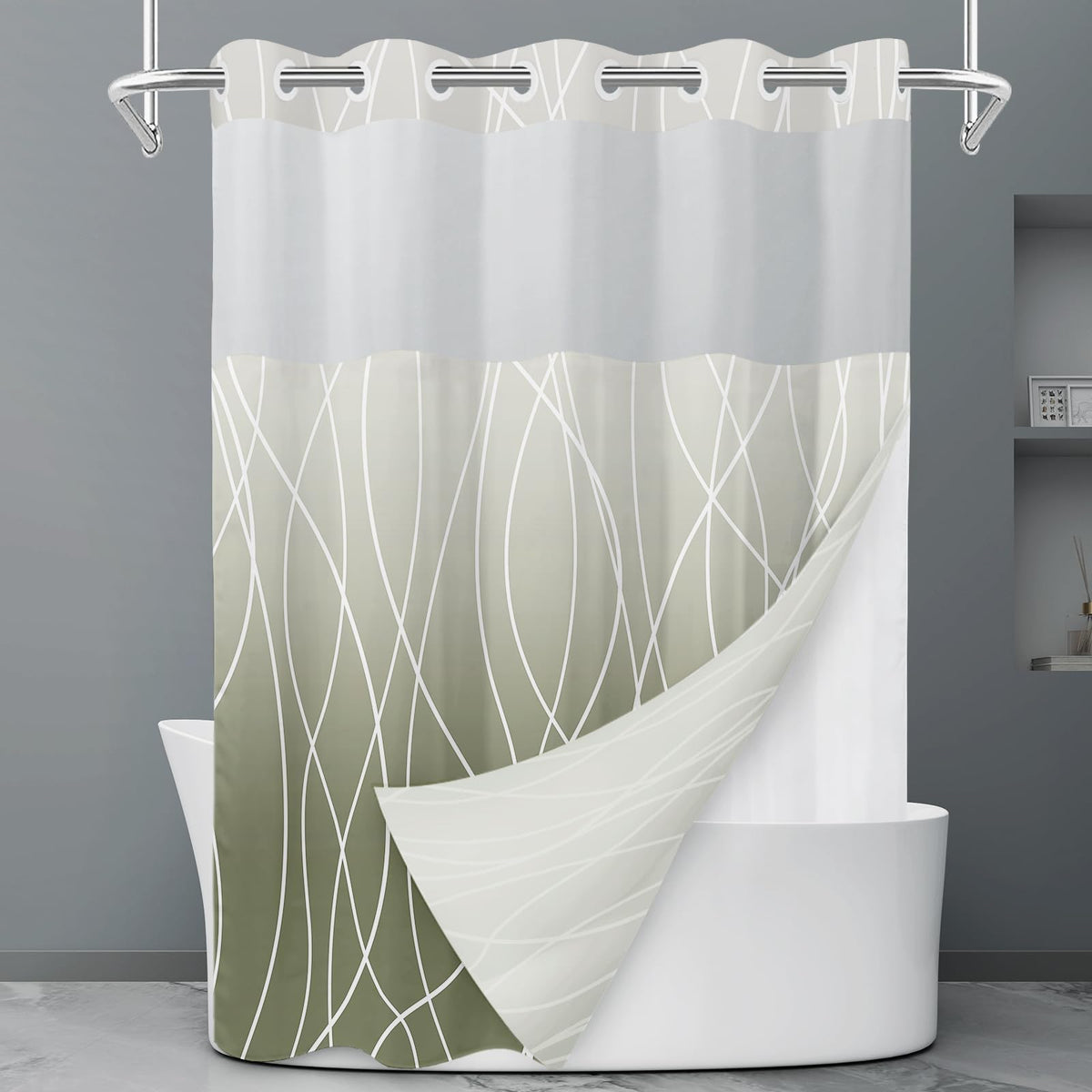 LXBNI Ringless Shower Curtain with Snap-in Liner, Gray White, 71 x 74 Inch