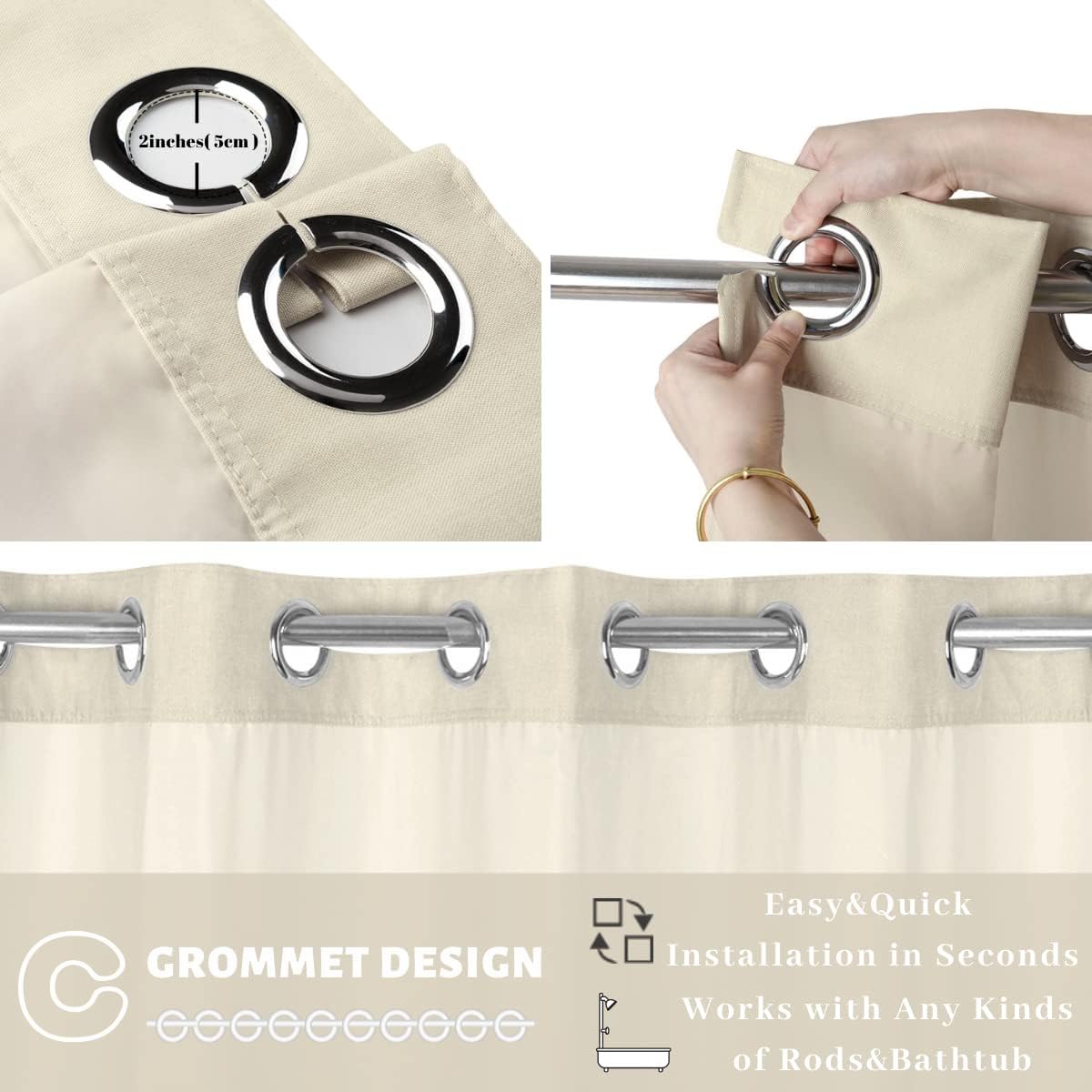 71“W x74”H Heavy Fabric Hook Free Shower Curtain with Polyester Magnet Snap-in Liner–Top See Through with Mesh Window Light Beige